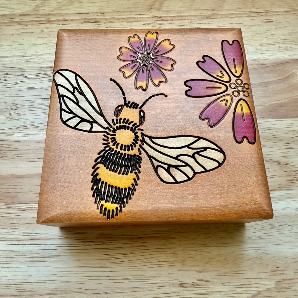 Bee & Flowers Wooden Jewelry Box
